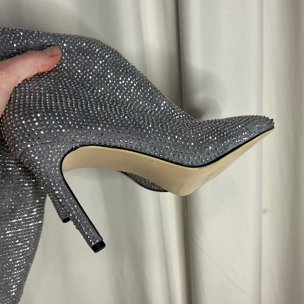 Silver Rhinestone Stiletto Women's Knee-High Boots - Picture 9 of 14